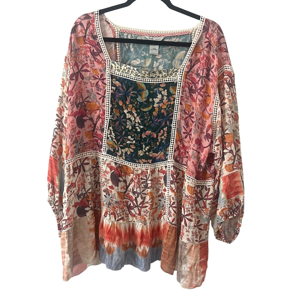 John Mark Sz 2X Peasant Top Pink Floral Mixed Print Boho Patchwork Cottagecore